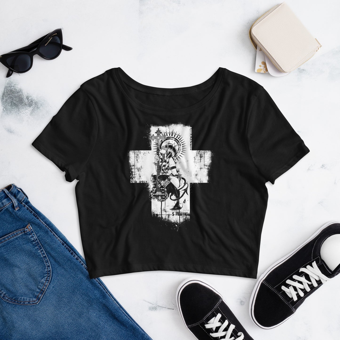 Guitar Graphic Crop Tee, Crust Punk Shirt, Music Crop Top, Street Wear, Heavy Metal Tee